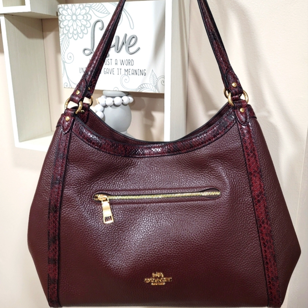 COACH Kristy Shoulder Bag Leather/ Snake-Embossed Brown Crimson Tote #C6830